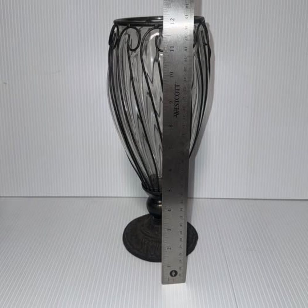 Vintage Designed Hand Blown Glass Vase Caged in Wrought Iron Large 12”